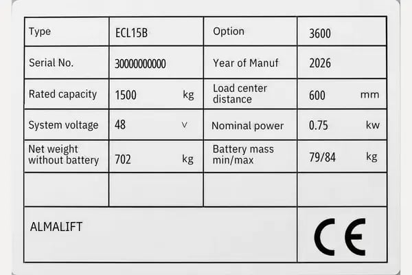 Placa de características de la apiladora eléctrica Almalift ECL15B de 1500 kg, 48 V y altura de elevación de 3600 mm.