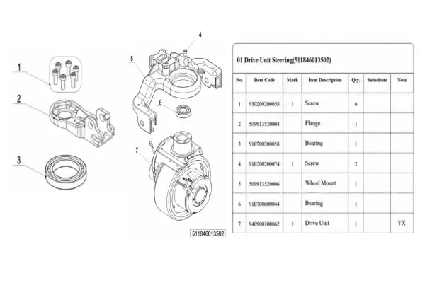 Despiece técnico de la unidad de dirección y tracción con identificación de tornillos, brida, rodamientos, soporte de rueda y unidad motriz.