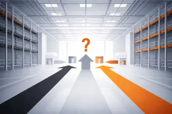  Ilustración de un entorno industrial moderno que representa la toma de decisiones estratégicas en la elección de tipos de plataformas elevadoras, con caminos visuales en negro y naranja que simbolizan análisis y criterio profesional.